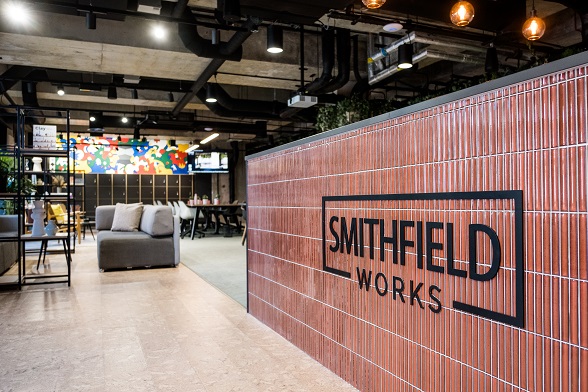 Entrance to Smithfield Works office space with focus on the name