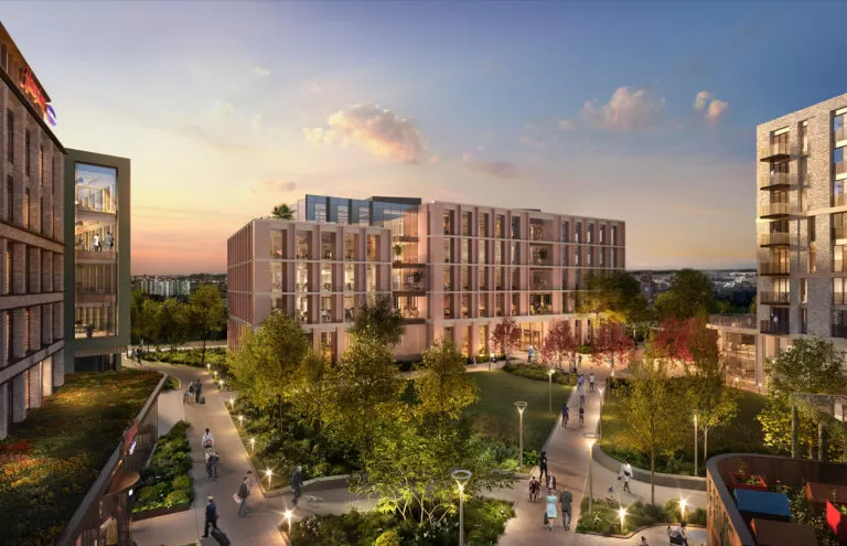 CGI of Huyton council HQ building and public realm with trees at twilight