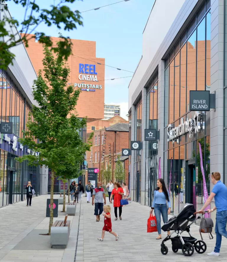 People walking in pedestrianised shopping area